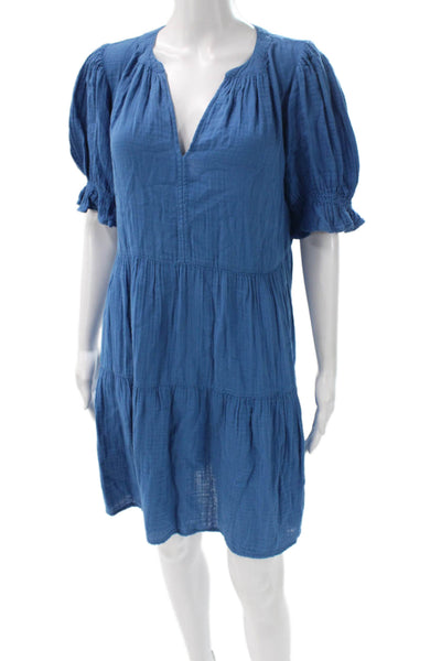 Velvet Womens Mini V-Neck Cotton Dress Blue Short Sleeve Pullover Size S