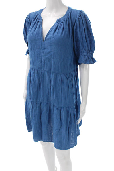 Velvet Womens Mini V-Neck Cotton Dress Blue Short Sleeve Pullover Size S
