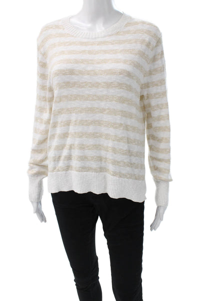 J Crew Women White Striped Cotton Crew Neck Pullover Sweater Long Sleeve Size S