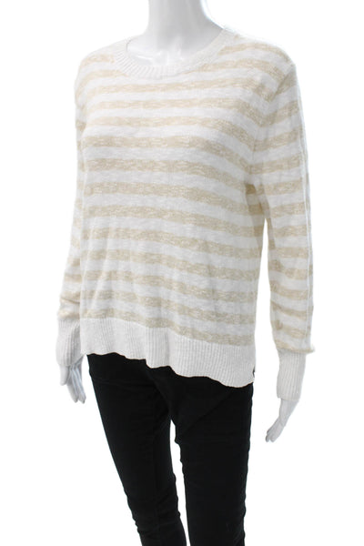 J Crew Women White Striped Cotton Crew Neck Pullover Sweater Long Sleeve Size S