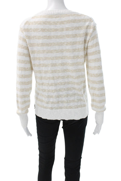 J Crew Women White Striped Cotton Crew Neck Pullover Sweater Long Sleeve Size S