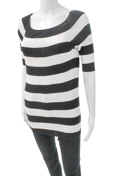 Lafayette 148 New York Womens Black Striped Tunic Sweater 3/4 Sleeve Size S