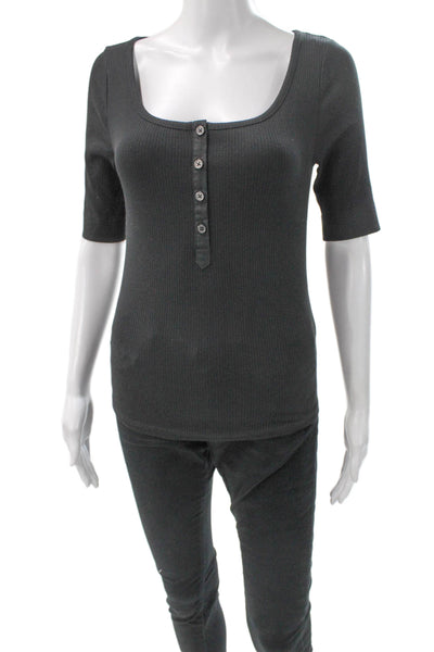 J Crew Women Basic Gray Square Neck 3/4 Sleeve Button T-Shirt Size S