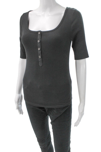 J Crew Women Basic Gray Square Neck 3/4 Sleeve Button T-Shirt Size S