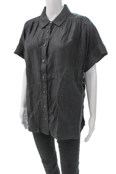 J Crew Womens Gray Linen Collared Button-Up Short Sleeve Basic Top Size M