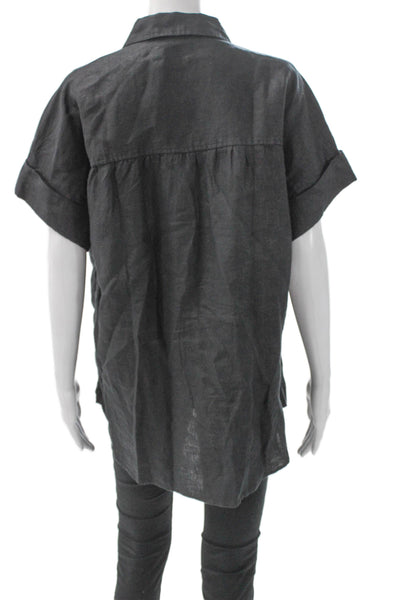J Crew Womens Gray Linen Collared Button-Up Short Sleeve Basic Top Size M
