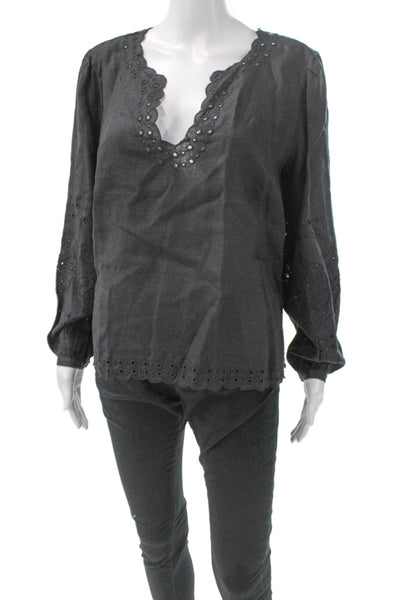 J Crew Women Linen V Neck Tunic Blouse Black Long Sleeve Size S