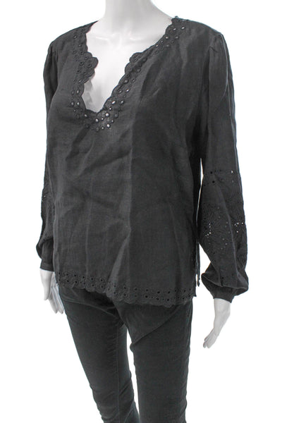 J Crew Women Linen V Neck Tunic Blouse Black Long Sleeve Size S