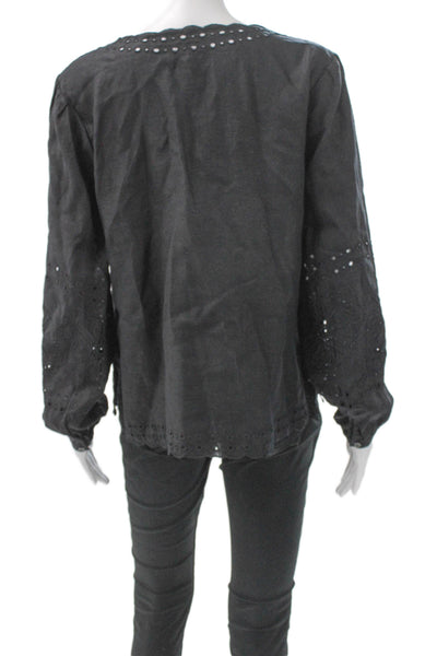 J Crew Women Linen V Neck Tunic Blouse Black Long Sleeve Size S