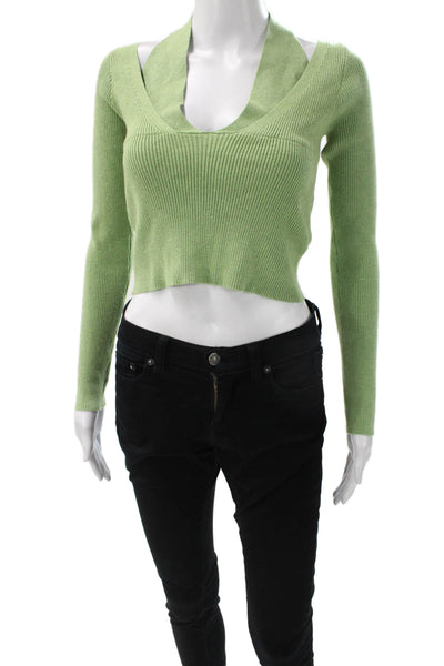 Cider Womens Cropped Halter Neck Long Sleeve Cotton Blouse Green Size S