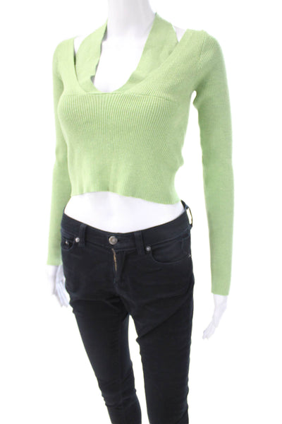 Cider Womens Cropped Halter Neck Long Sleeve Cotton Blouse Green Size S