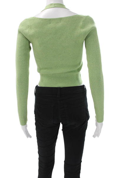 Cider Womens Cropped Halter Neck Long Sleeve Cotton Blouse Green Size S