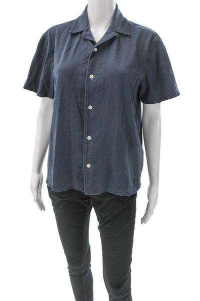 Reiss Men Buttoned-Down Cotton Collared Short Sleeve Blue Solid Shirt Size M