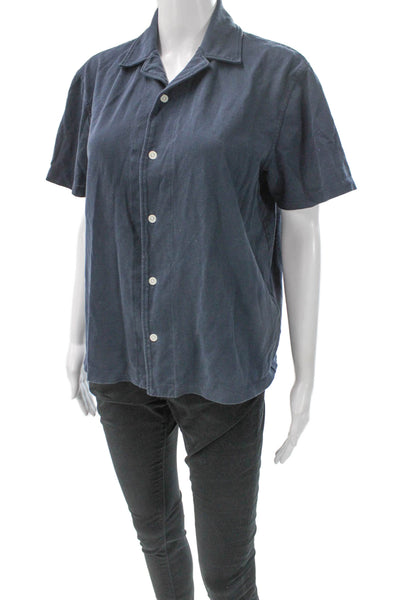 Reiss Men Buttoned-Down Cotton Collared Short Sleeve Blue Solid Shirt Size M