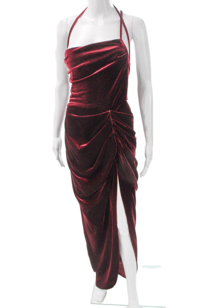 Amanda Uprichard Women Red Halter Maxi Dress Sleeveless Tie Waist Size M