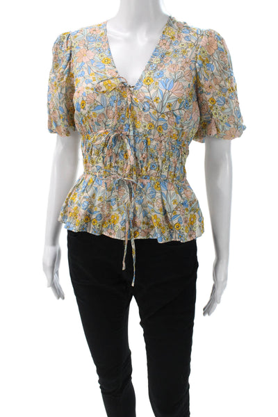 Shoshanna Women Floral V-Neck Viscose Short Sleeve Blouse Multicolor Size XS