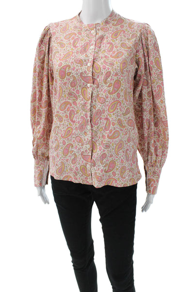 Doen Womens Blouse Multicolor Paisley Silk Long Sleeve Collared Button Size XS
