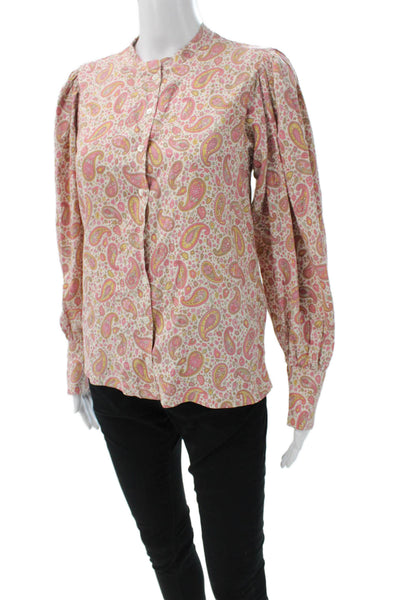 Doen Womens Blouse Multicolor Paisley Silk Long Sleeve Collared Button Size XS