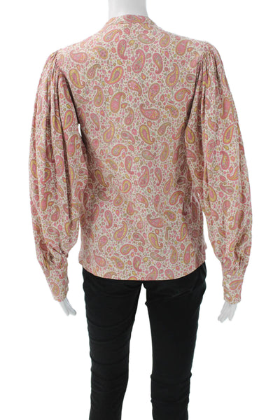 Doen Womens Blouse Multicolor Paisley Silk Long Sleeve Collared Button Size XS