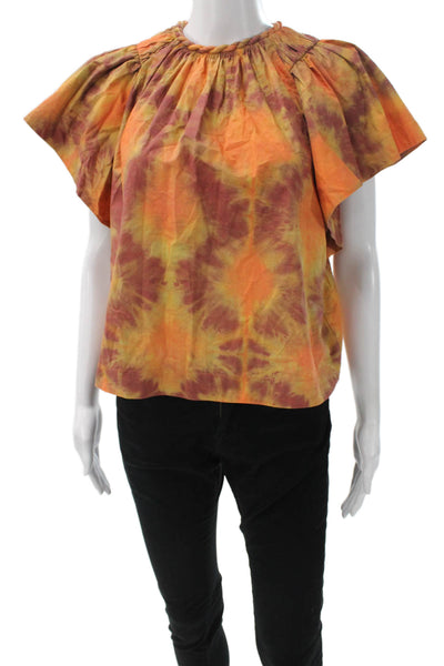 Ulla Johnson Women Tie-Dye Cotton Short Sleeve Blouse Round Neck Zip Size 0