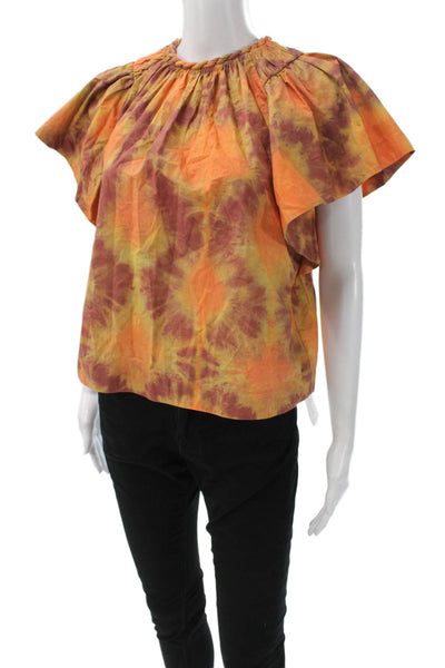 Ulla Johnson Women Tie-Dye Cotton Short Sleeve Blouse Round Neck Zip Size 0