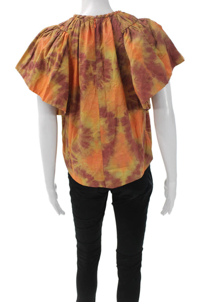 Ulla Johnson Women Tie-Dye Cotton Short Sleeve Blouse Round Neck Zip Size 0