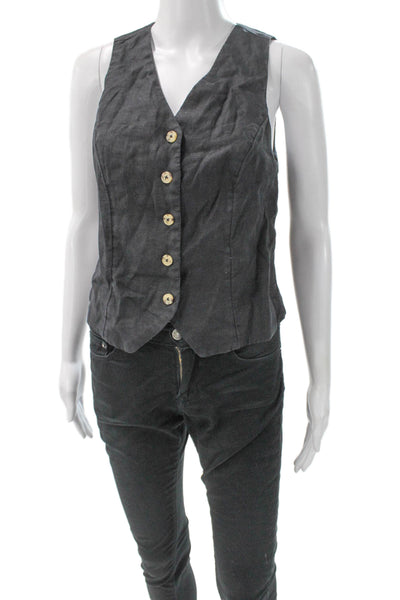 J Crew Women Blouse Vest Gray Linen V Neck Sleeveless Button Size 0