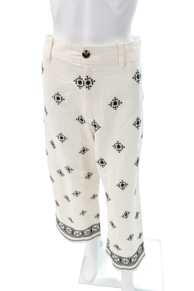 Zara Women Ivory Cropped Pants Cotton Geometric Button Detail Size S