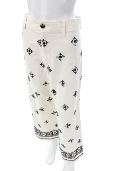 Zara Women Ivory Cropped Pants Cotton Geometric Button Detail Size S