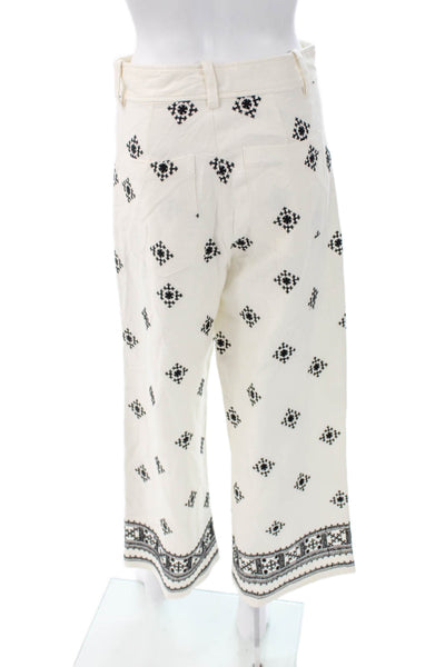 Zara Women Ivory Cropped Pants Cotton Geometric Button Detail Size S