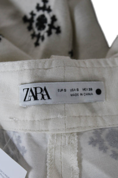 Zara Women Ivory Cropped Pants Cotton Geometric Button Detail Size S