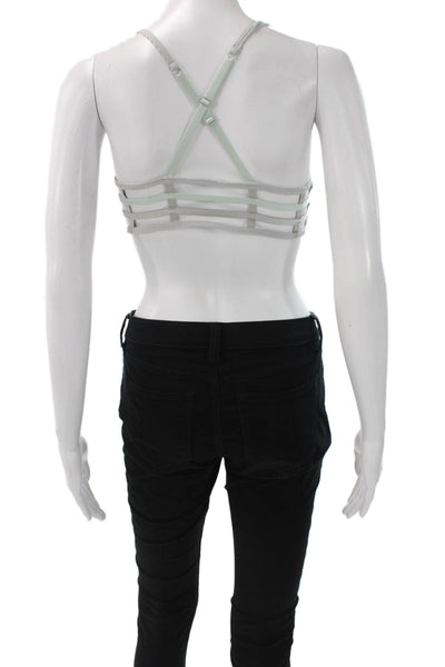 Lululemon Women Gray Striped V-Neck Polyester Sports Bra Sleeveless Size 4