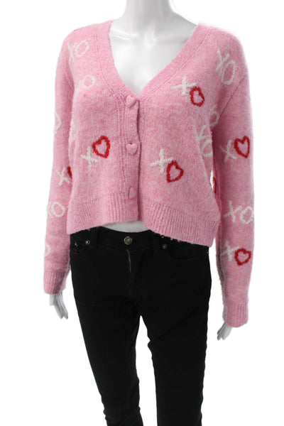 Cupcakes And Cashmere Womens Pink V-Neck Heart Cardigan Long Sleeve Size S