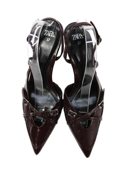 Zara Womens Crisscross Buckle Detail Slingbacks Heels Shoes Burgundy Size 7