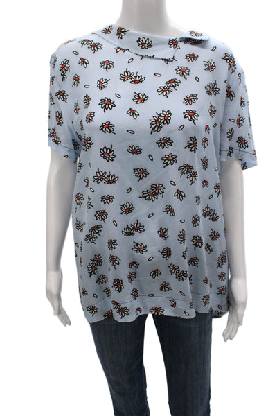 Marni Women T-Shirt Silk Floral Collared Short Sleeve Button Blue Size 46