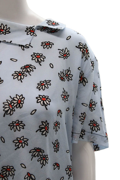 Marni Women T-Shirt Silk Floral Collared Short Sleeve Button Blue Size 46