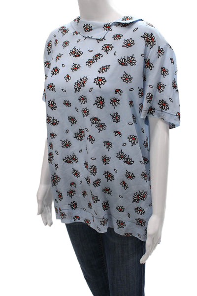 Marni Women T-Shirt Silk Floral Collared Short Sleeve Button Blue Size 46