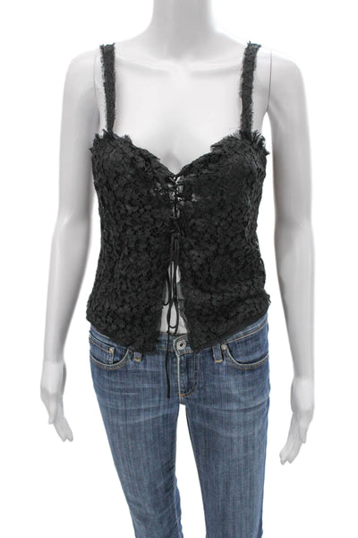 Zara Women Black Floral Sweetheart Lace Up Cotton Tank Sleeveless Size S