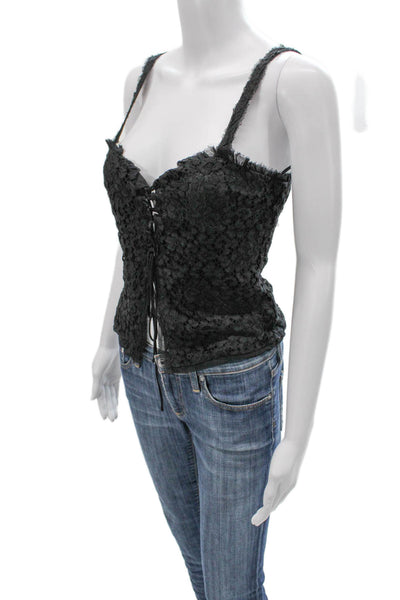 Zara Women Black Floral Sweetheart Lace Up Cotton Tank Sleeveless Size S