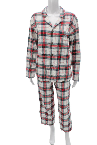 Eberjey Women Pajama Set White Cotton Collared Plaid Long Sleeve Size M