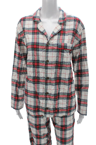 Eberjey Women Pajama Set White Cotton Collared Plaid Long Sleeve Size M