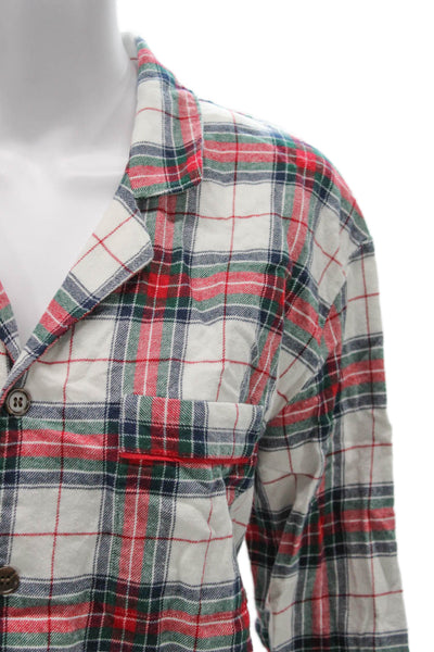 Eberjey Women Pajama Set White Cotton Collared Plaid Long Sleeve Size M
