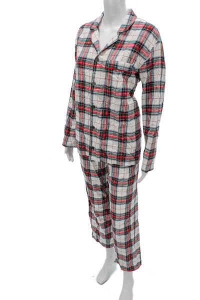 Eberjey Women Pajama Set White Cotton Collared Plaid Long Sleeve Size M