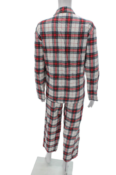 Eberjey Women Pajama Set White Cotton Collared Plaid Long Sleeve Size M