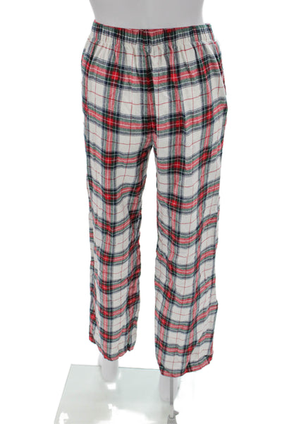 Eberjey Women Pajama Set White Cotton Collared Plaid Long Sleeve Size M