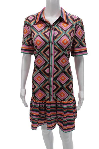 Trina Turk Womens Shirt Dress Multicolor Geometric Collared Short Sleeve Size 8
