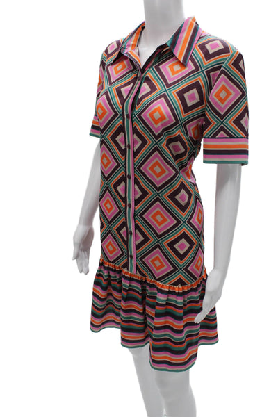 Trina Turk Womens Shirt Dress Multicolor Geometric Collared Short Sleeve Size 8