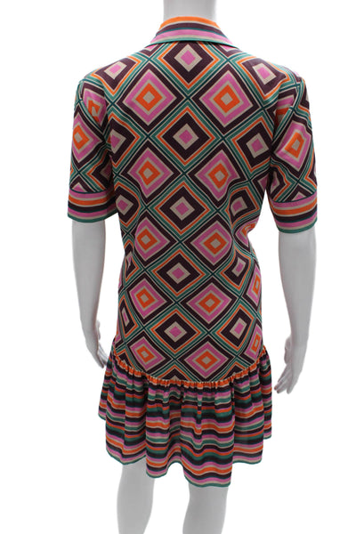 Trina Turk Womens Shirt Dress Multicolor Geometric Collared Short Sleeve Size 8