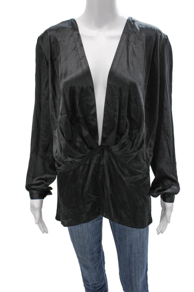 Giorgio Armani Womens Silk Black Basic Blouse V-Neck Long Sleeve Fall Size 44