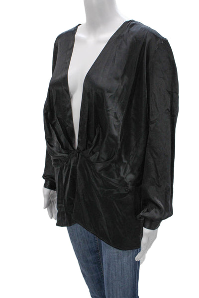 Giorgio Armani Womens Silk Black Basic Blouse V-Neck Long Sleeve Fall Size 44
